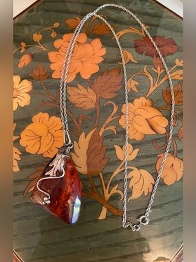 Vintage Baltic Larger Cognac Amber Artisan Designer Pendant w Sterling Chain